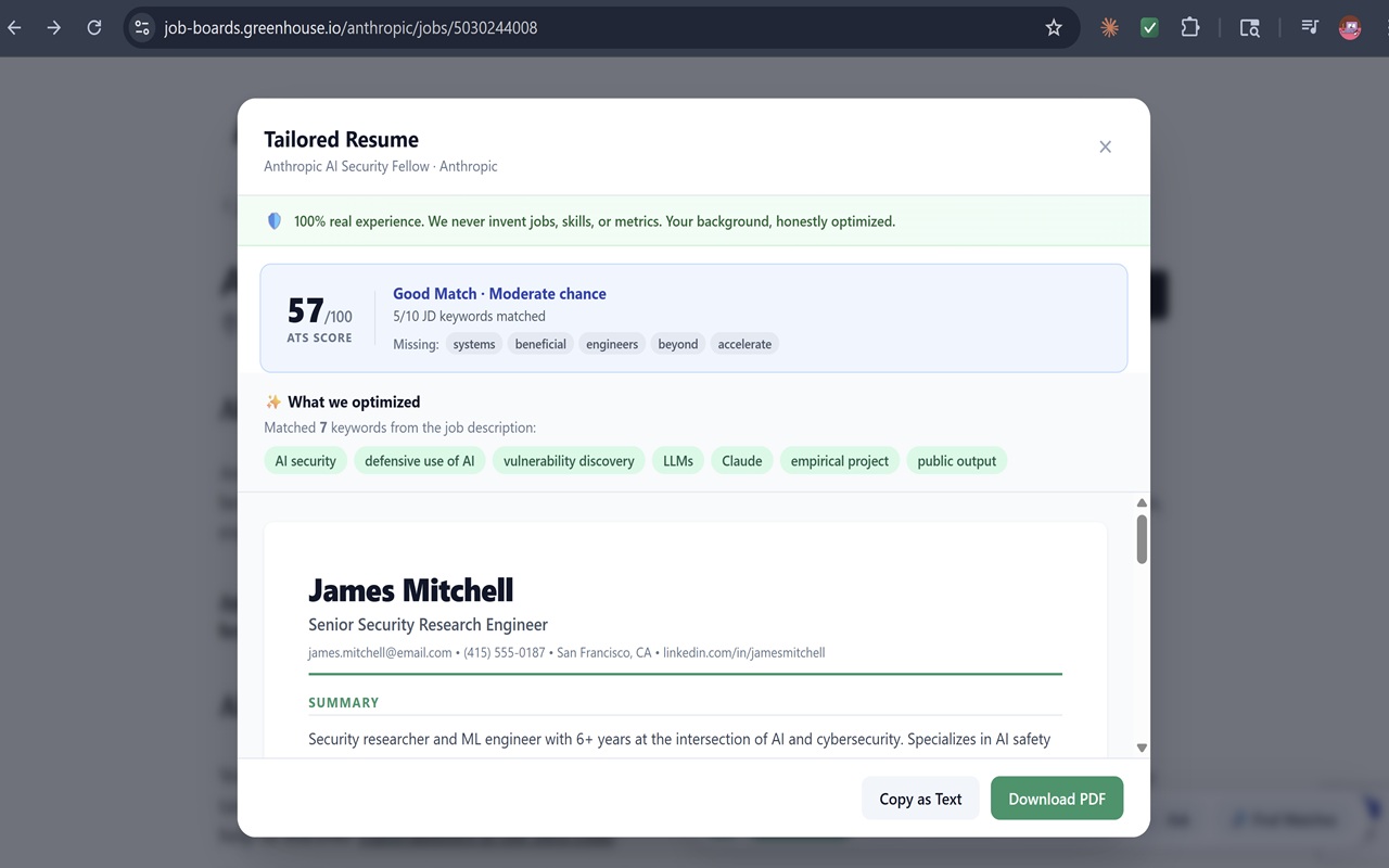 AI-tailored resume with ATS score and optimized keywords